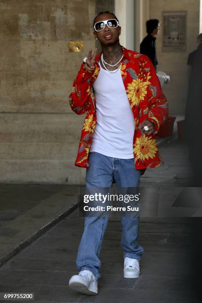 Tyga arrives at the Louis Vuitton show during the Paris Fashion Week - Menswear Spring/Summer 2018 on June 22, 2017 in Paris, France.