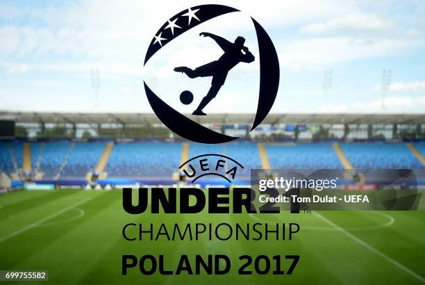 General view of the logo prior to the UEFA European Under-21 Championship Group A match between Slovakia and Sweden at Lublin Stadium on June 22,...