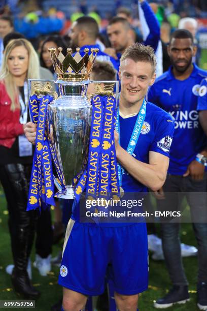 Leicester City's Jamie Vardy lifts the trophy as the team celebrate winning the Barclays Premier League, after the match at the King Power Stadium,...