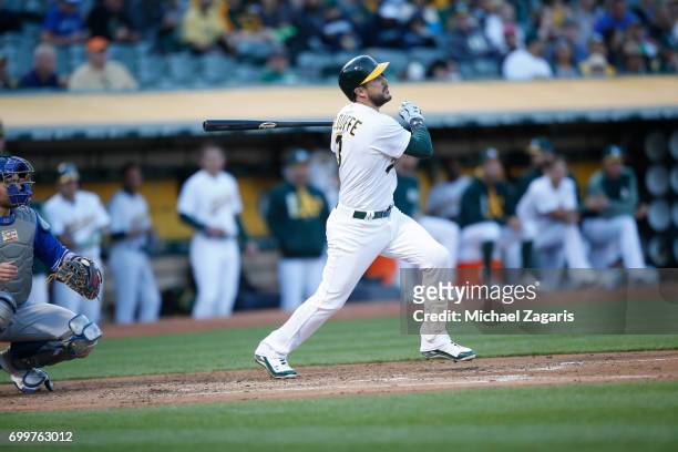 Trevor Plouffe of the Oakland Athletics bats during the game against the Toronto Blue Jays at the Oakland Alameda Coliseum on June 5, 2017 in...