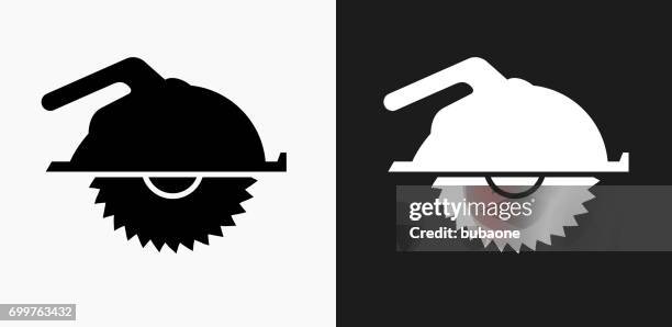 machine saw icon on black and white vector backgrounds - using circular saw stock illustrations