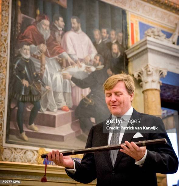 King Willem-Alexander of The Netherlands and Queen Maxima of The Netherlands visit the papal library and get the commanders staff of Willem van...