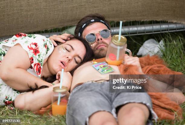 Festival goers on day 2 of the Glastonbury Festival 2017 at Worthy Farm, Pilton on June 23, 2017 in Glastonbury, England.