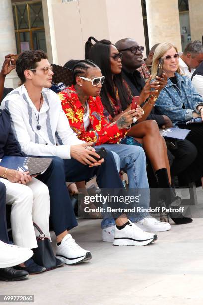 Jeremie Laheurte, Tyga and Naomi Campbell attend the Louis Vuitton Menswear Spring/Summer 2018 show as part of Paris Fashion Week on June 22, 2017 in...
