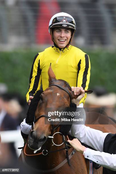 Winning jockey James Doyle and Big Orange celebrates after winning the Gold Cup on Day Three of Royal Ascot at Ascot Racecourse on June 22, 2017 in...