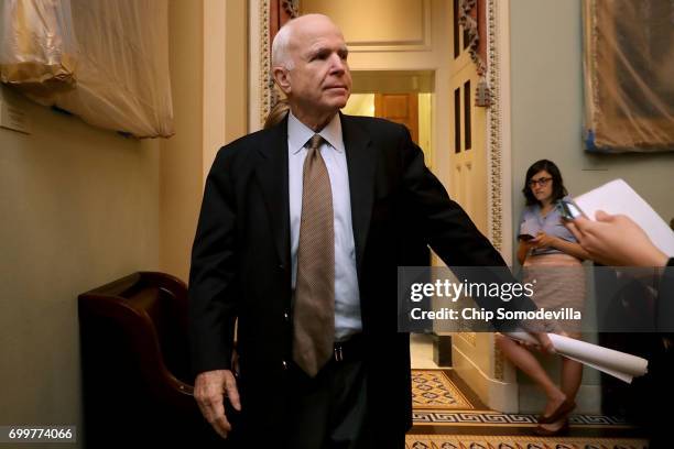 Sen. John McCain leaves a meeting of GOP senators in the U.S. Capitol June 22, 2017 in Washington, DC. Most Republican senators were given their...