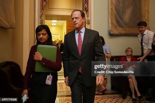 Sen. Pat Toomey leaves a meeting of GOP senators in the U.S. Capitol June 22, 2017 in Washington, DC. Most Republican senators were given their first...