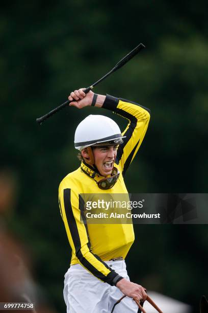 James Doyle celebrates after riding Big Orange to win The Gold Cup on day 3 'Ladies Day' of Royal Ascot at Ascot Racecourse on June 22, 2017 in...