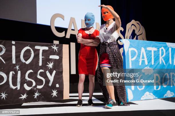 Masked member of protest band Pussy Riot and Pussy Riot performer Nadya Tolokonnikova attend the Cannes Lions Festival 2017 on June 22, 2017 in...