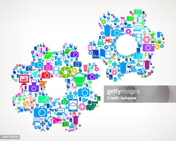 gear photo camera photography vector illustration - working on multiple monitors stock illustrations