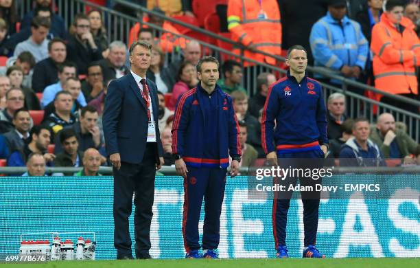 Manchester United manager Louis van Gaal and Assistant Manager Ryan Giggs on the touchline.