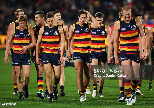 Sam Jacobs of the Crows walks from the field during the round 14 AFL match between the Adelaide Crows and the Hawthorn Hawks at Adelaide Oval on June...