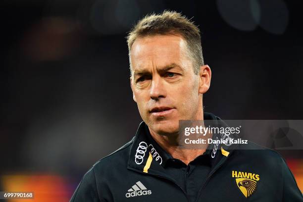 Hawks head coach Alastair Clarkson looks on during the round 14 AFL match between the Adelaide Crows and the Hawthorn Hawks at Adelaide Oval on June...