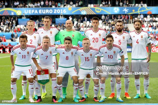 Hungary team group Hungary's Adam Lang, Adam Szalai, goalkeeper Gabor Kiraly, Richard Guzmics, Attila Fiola, Tamas Kadar. Hungary's Krisztian Nemeth,...