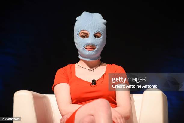 Katerina Samoutsevitch, member of the anti-Putinist punk rock group Pussy Riot, attends the Cannes Lions Festival on June 22, 2017 in Cannes, France.