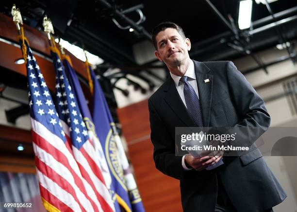 Speaker of the House Paul Ryan departs his weekly press conference at the U.S. Capitol June 22, 2017 in Washington, DC. Ryan answered a range of...