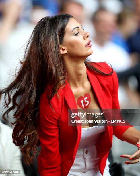 Erjona Sulejmani, girlfriend of Switzerland's Blerim Dzemaili in the stands before the game.