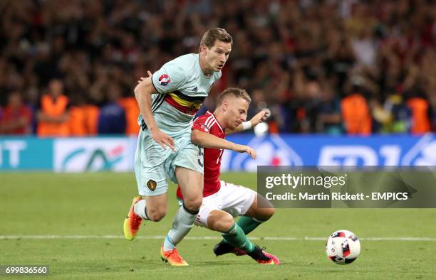 Belgium's Jan Vertonghen and Hungary's Balazs Dzsudzsak battle for the ball