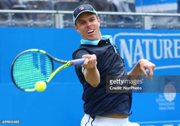 Jordan Thompson against Sam Querrey during Men's Singles Round Two match on the fourth day of the ATP Aegon Championships at the Queen's Club in west...