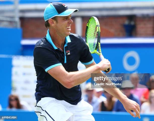 Jordan Thompson against Sam Querrey during Men's Singles Round Two match on the fourth day of the ATP Aegon Championships at the Queen's Club in west...