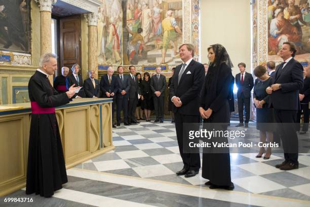 King Willem-Alexander of the Netherlands receives the scepter of the Dutch power from the Superior General of The Society of Jesus father Arturo Sosa...