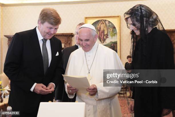 Pope Francis meets Dutch King Willem-Alexander and Queen Maxima at the Apostolic Palace on June 22, 2017 in Vatican City, Vatican.