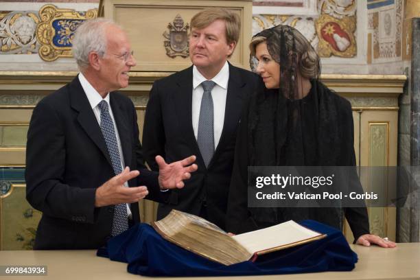 King Willem-Alexander of the Netherlands receives the scepter of the Dutch power from the Superior General of The Society of Jesus father Arturo Sosa...