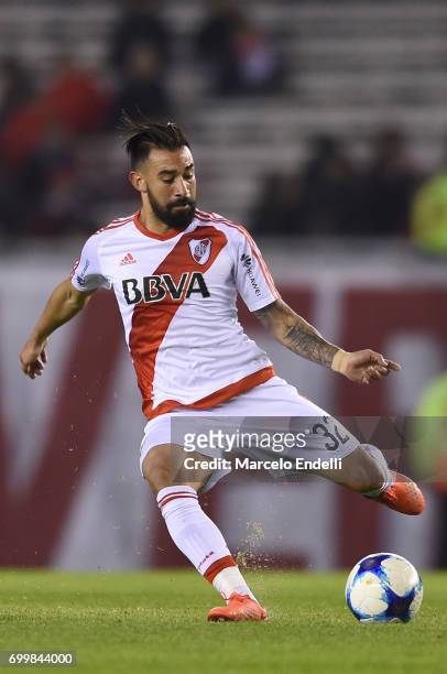 Ariel Rojas of River Plate kicks the ball during a match between River Plate and Aldosivi as part of Torneo Primera Division 2016/17 at Monumental...