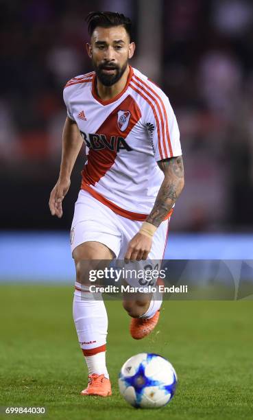 Ariel Rojas of River Plate drives the ball during a match between River Plate and Aldosivi as part of Torneo Primera Division 2016/17 at Monumental...