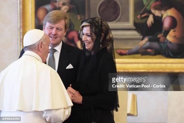 Pope Francis meets Dutch King Willem-Alexander and Queen Maxima at the Apostolic Palace on June 22, 2017 in Vatican City, Vatican.