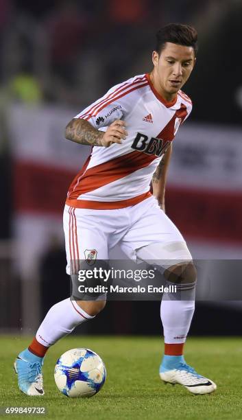 Sebastian Driussi of River Plate drives the ball during a match between River Plate and Aldosivi as part of Torneo Primera Division 2016/17 at...