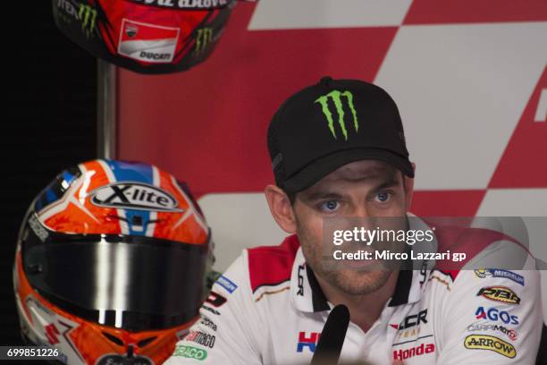 Cal Crutchlow of Great Britain and LCR Honda speaks during the press conference pre-event during the MotoGP Netherlands - Preview on June 22, 2017 in...