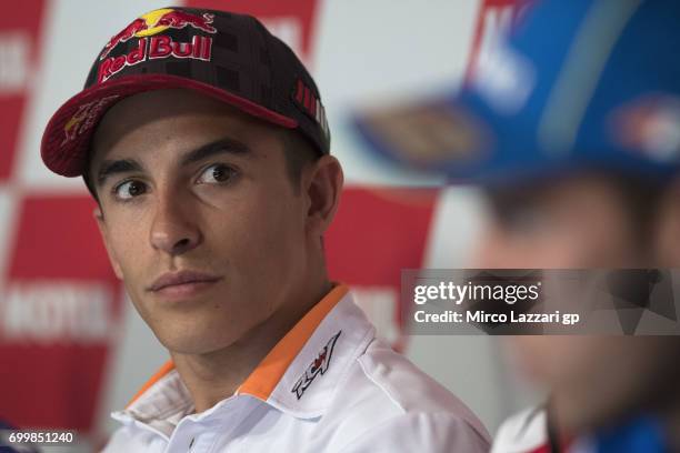 Marc Marquez of Spain and Repsol Honda Team looks on during the press conference pre-event during the MotoGP Netherlands - Preview on June 22, 2017...