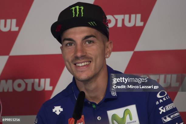 Maverick Vinales of Spain and Movistar Yamaha MotoGP smiles during the press conference pre-event during the MotoGP Netherlands - Preview on June 22,...
