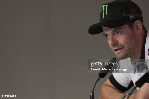 Cal Crutchlow of Great Britain and LCR Honda speaks during the press conference pre-event during the MotoGP Netherlands - Preview on June 22, 2017 in...