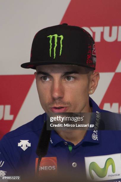 Maverick Vinales of Spain and Movistar Yamaha MotoGP speaks during the press conference pre-event during the MotoGP Netherlands - Preview on June 22,...