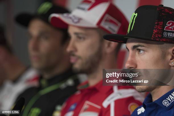 Maverick Vinales of Spain and Movistar Yamaha MotoGP looks on during the press conference pre-event during the MotoGP Netherlands - Preview on June...