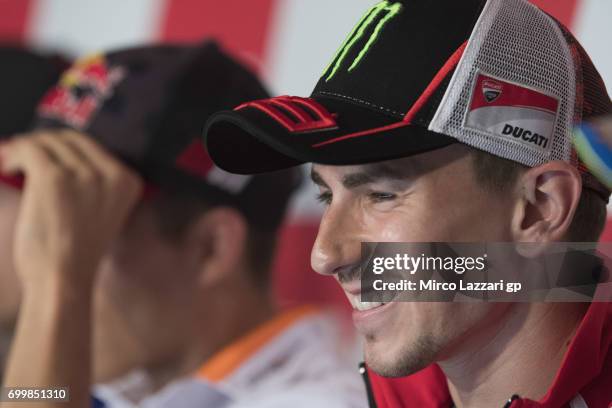 Jorge Lorenzo of Spain and Ducati Team smiles during the press conference pre-event during the MotoGP Netherlands - Preview on June 22, 2017 in...