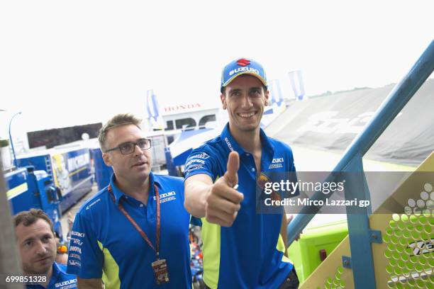 Alex Rins of Spain and Team Suzuki ECSTAR arrives and greets at the press conference pre-event during the MotoGP Netherlands - Preview on June 22,...