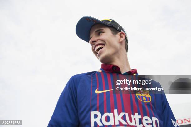 Alex Marquez of Spain and EG 00 Marc VDS smiles in paddock with the shirt of Barcelona Football Club during the MotoGP Netherlands - Preview on June...