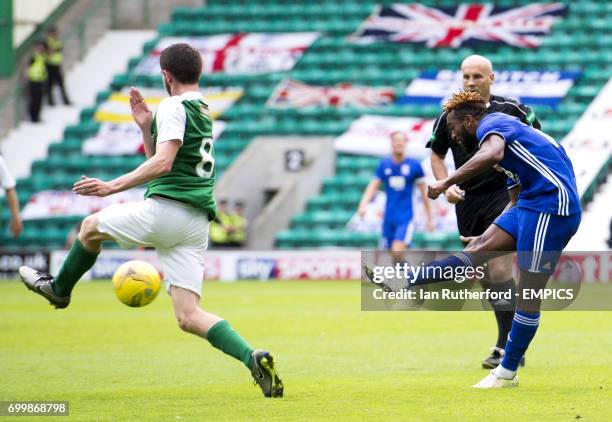 Hibernian's Sam Stanton attempts to block as Birmingham City's Jacques Maghoma shoots for goal