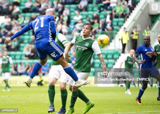 Hibernian's Callum Crane and Birmingham City's James Vaughan