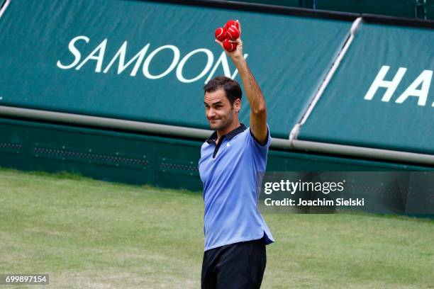 Roger Federer of Switzerland after the men's singles match against Mischa Zverev of Germany on Day 6 of the Gerry Weber Open 2017 at Gerry Weber...