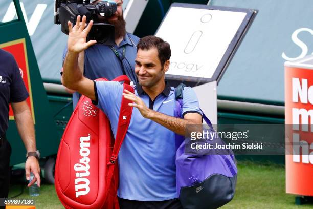 Roger Federer of Switzerland after the men's singles match against Mischa Zverev of Germany on Day 6 of the Gerry Weber Open 2017 at Gerry Weber...
