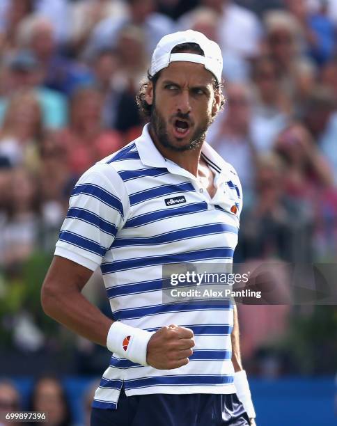 Feliciano Lopez of Spain celebrates victory during the mens singles second round match against Jeremy Chardy of France on day four of the 2017 Aegon...