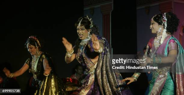 Vaibhav Mokashi, Pramod Kandalkar and Priyanka Sawant dancers performs Lavni Dance on 'Apsara Ali' at Ravindra Natya Mandir in Mumbai organised by...