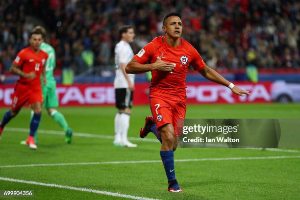 Alexis Sanchez of Chile celebrates scoring his sides first goal during the FIFA Confederations Cup Russia 2017 Group B match between Germany and...