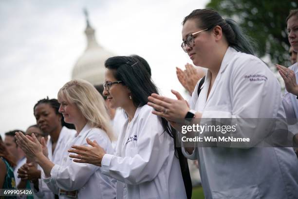 Health care providers hold a news conference outside the U.S. Capitol June 22, 2017 in Washington, DC. House Democratic Leader Nancy Pelosi and...