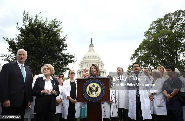 House Minority Leader Nancy Pelosi speaks at a news conference with health care providers outside the U.S. Capitol June 22, 2017 in Washington, DC....