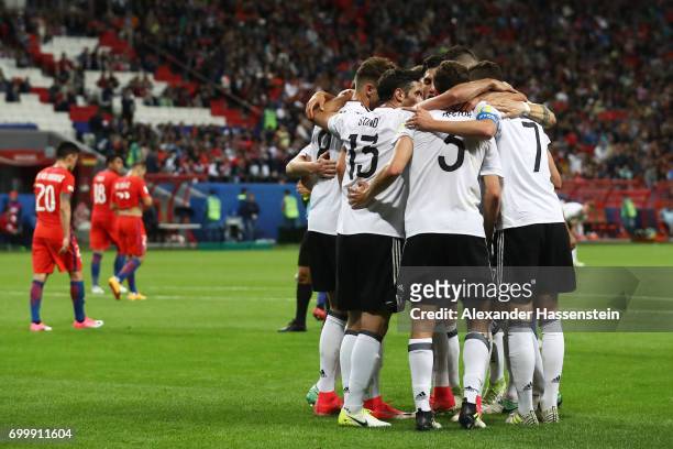 Lars Stindl of Germany celebrates scoring his sides first goal with his Germany team mates during the FIFA Confederations Cup Russia 2017 Group B...